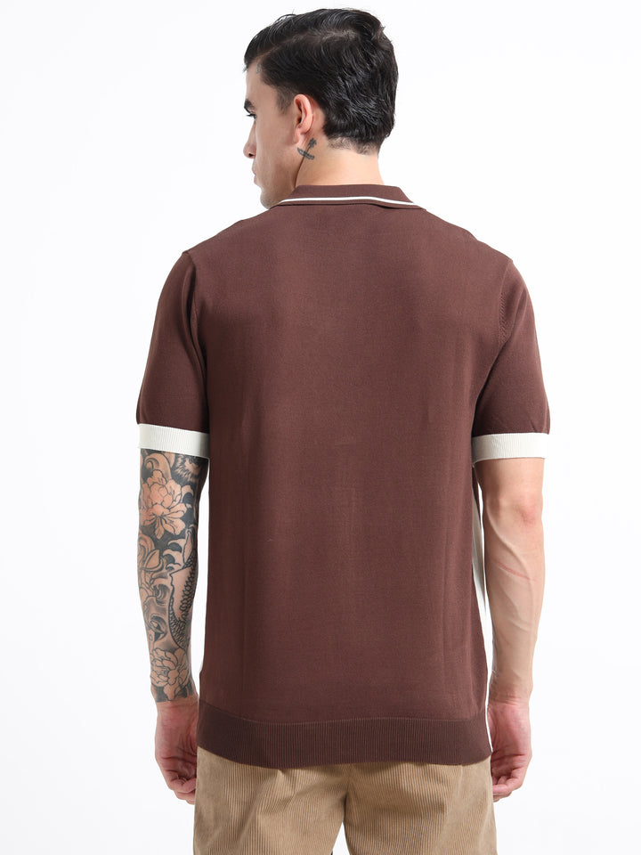 Men's Knitted Polo T Shirt - Coffee