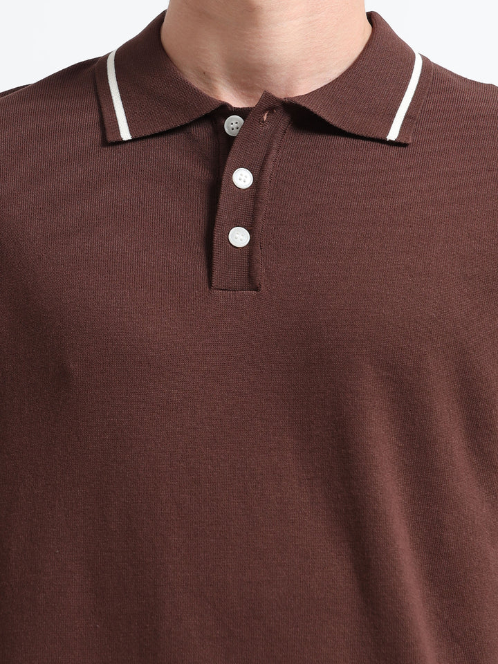 Men's Knitted Polo T Shirt - Coffee