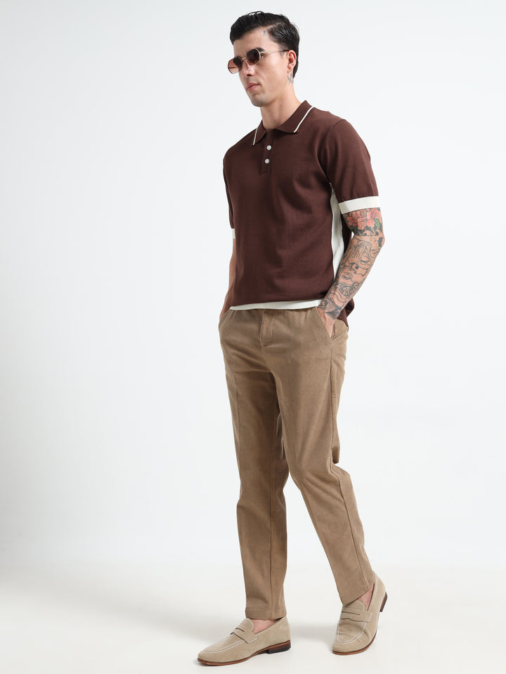 Men's Knitted Polo T Shirt - Coffee