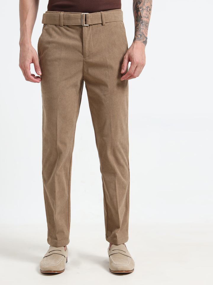 Refined Corduroy Trousers with Integrated Belt - Khaki