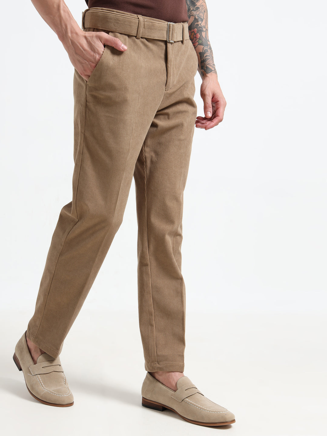 Refined Corduroy Trousers with Integrated Belt - Khaki