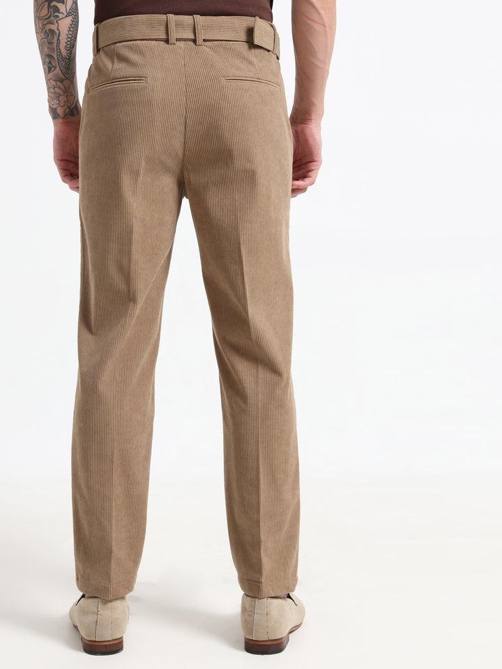 Refined Corduroy Trousers with Integrated Belt - Khaki