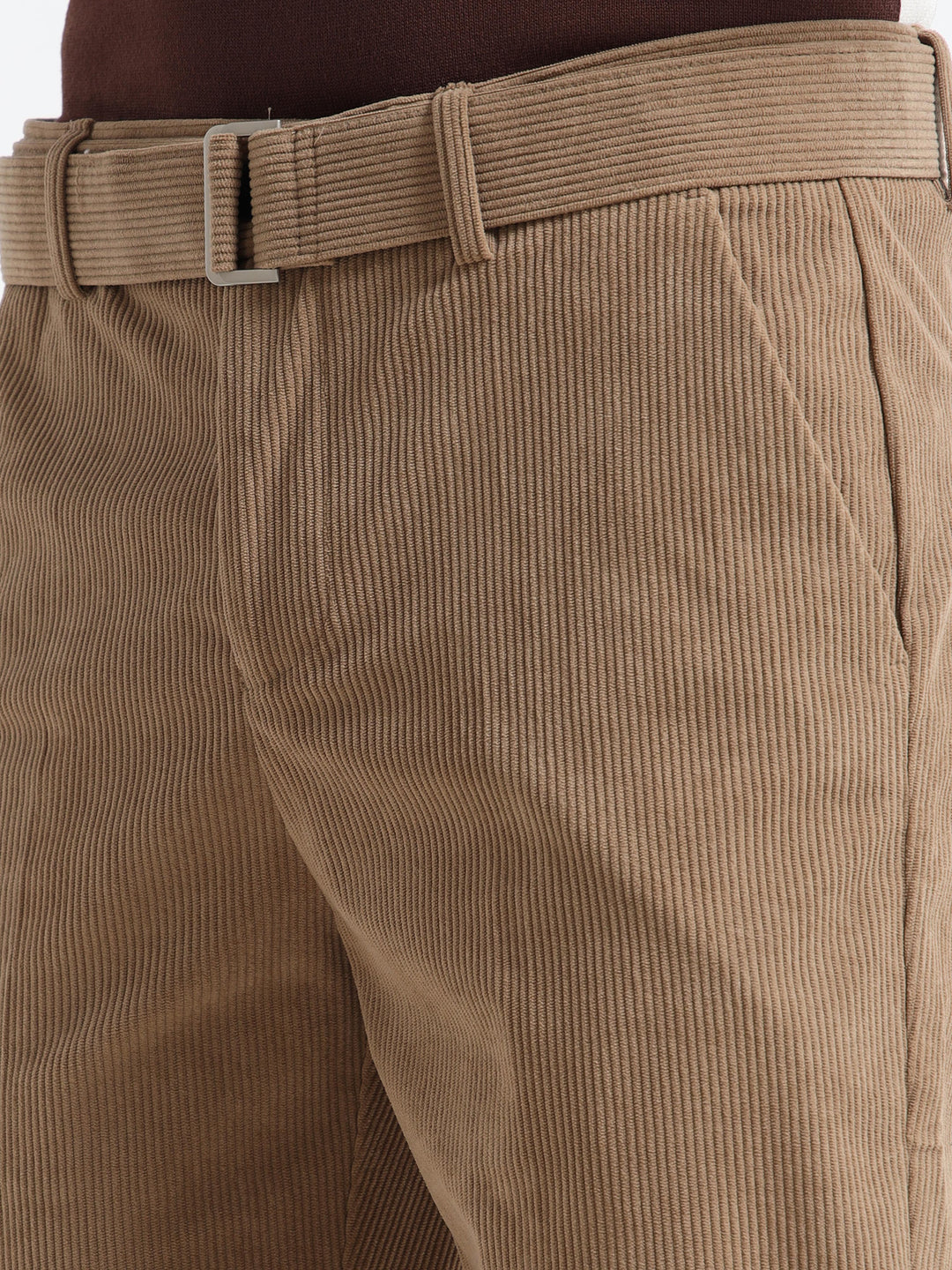 Refined Corduroy Trousers with Integrated Belt - Khaki