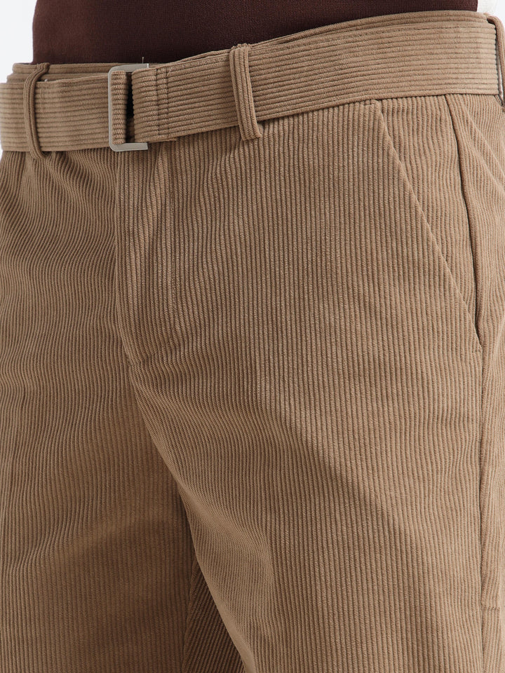Refined Corduroy Trousers with Integrated Belt - Khaki