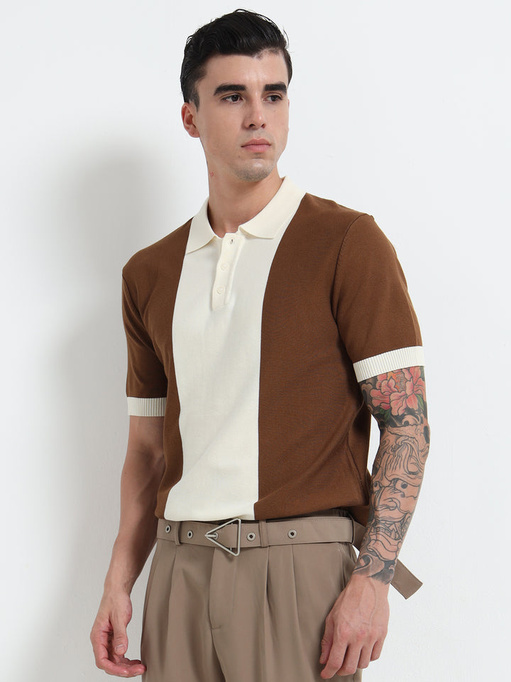 Men's Knitted Polo T Shirt - Brown and White