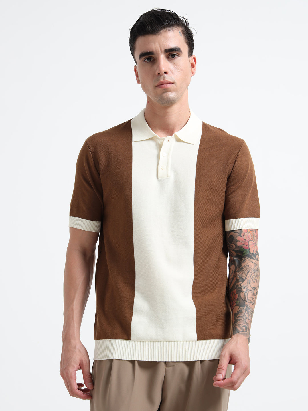 Men's Knitted Polo T Shirt - Brown and White