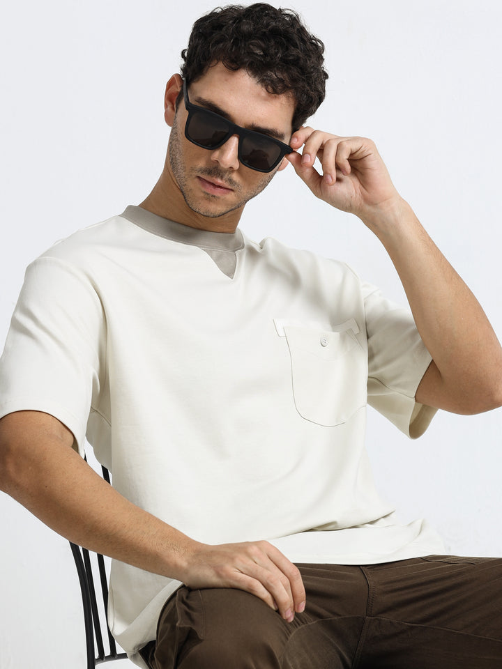 Contrast Neck Pocket Beige T-Shirt