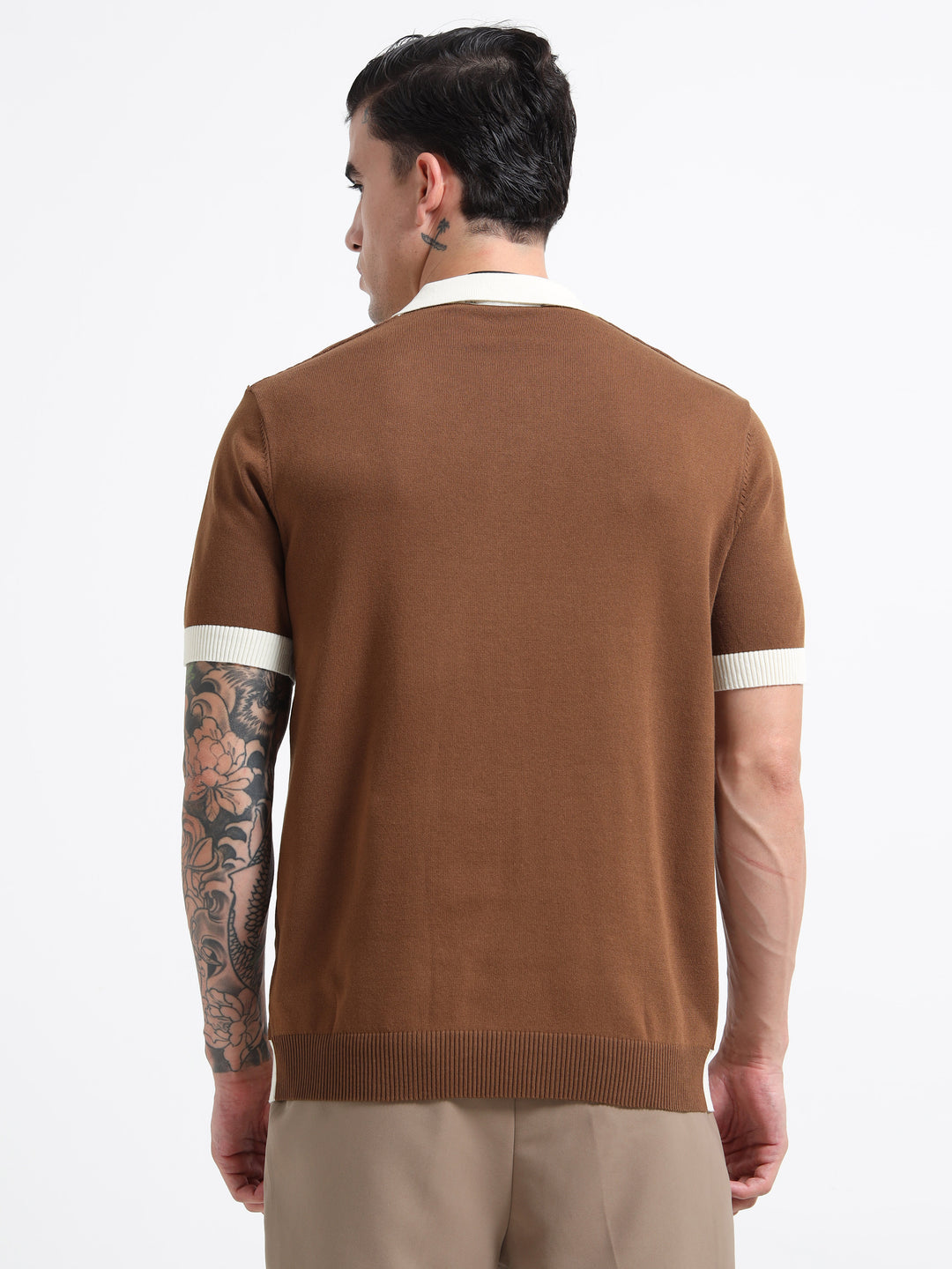 Men's Knitted Polo T Shirt - Brown and White