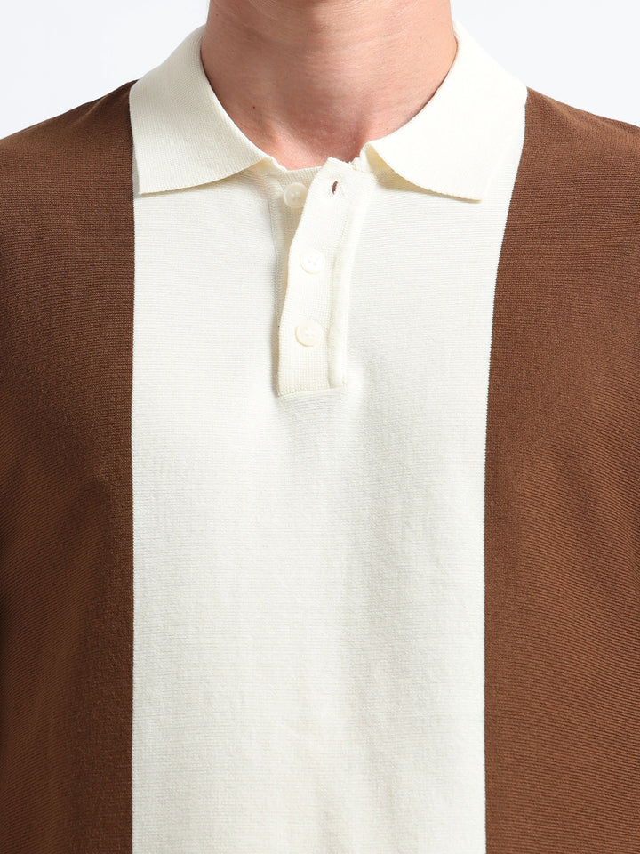 Men's Knitted Polo T Shirt - Brown and White
