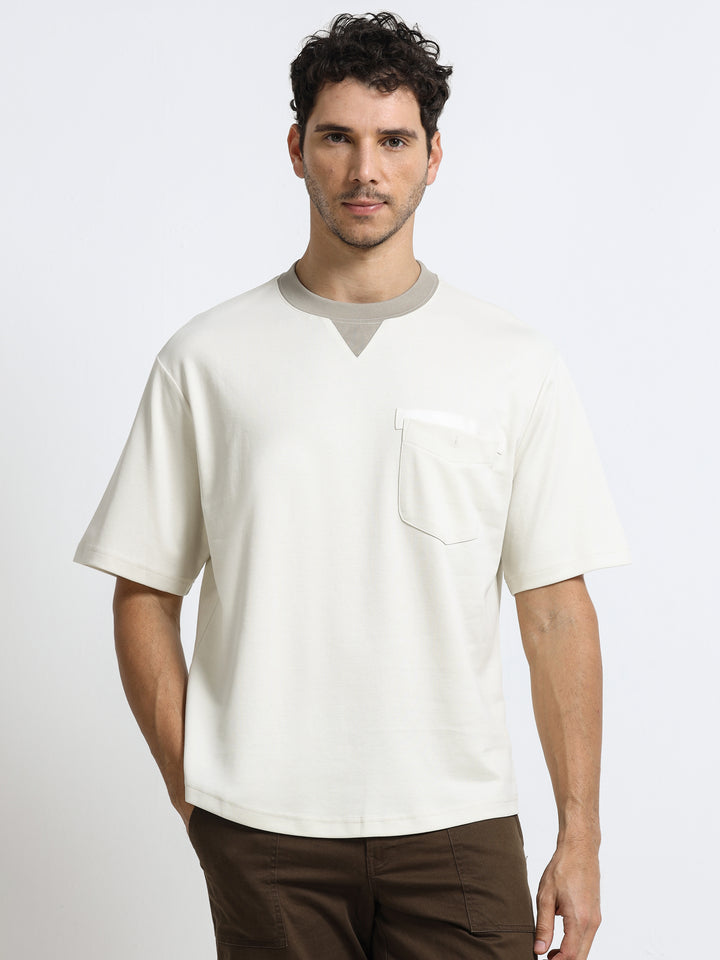 Contrast Neck Pocket Beige T-Shirt