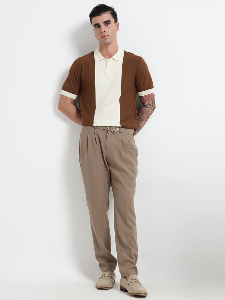 Men's Knitted Polo T Shirt - Brown and White