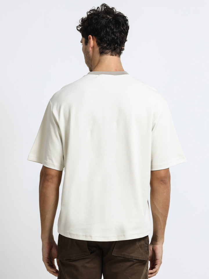 Contrast Neck Pocket Beige T-Shirt