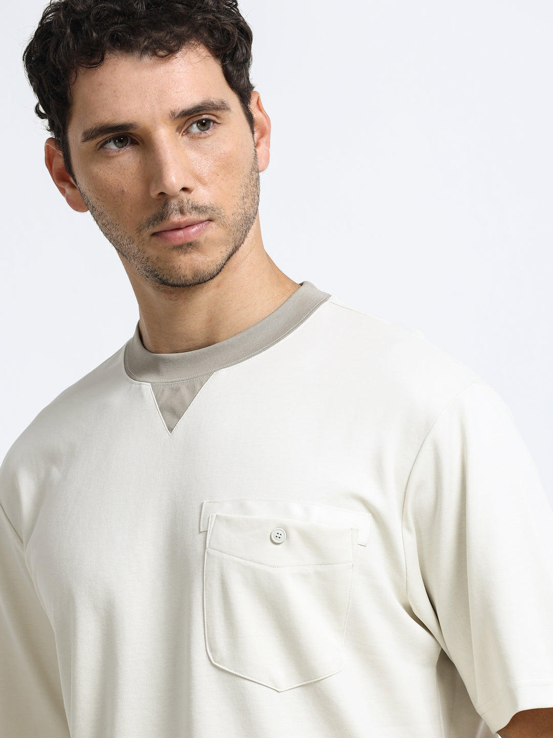 Contrast Neck Pocket Beige T-Shirt