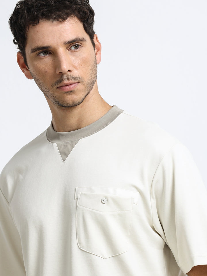 Contrast Neck Pocket Beige T-Shirt