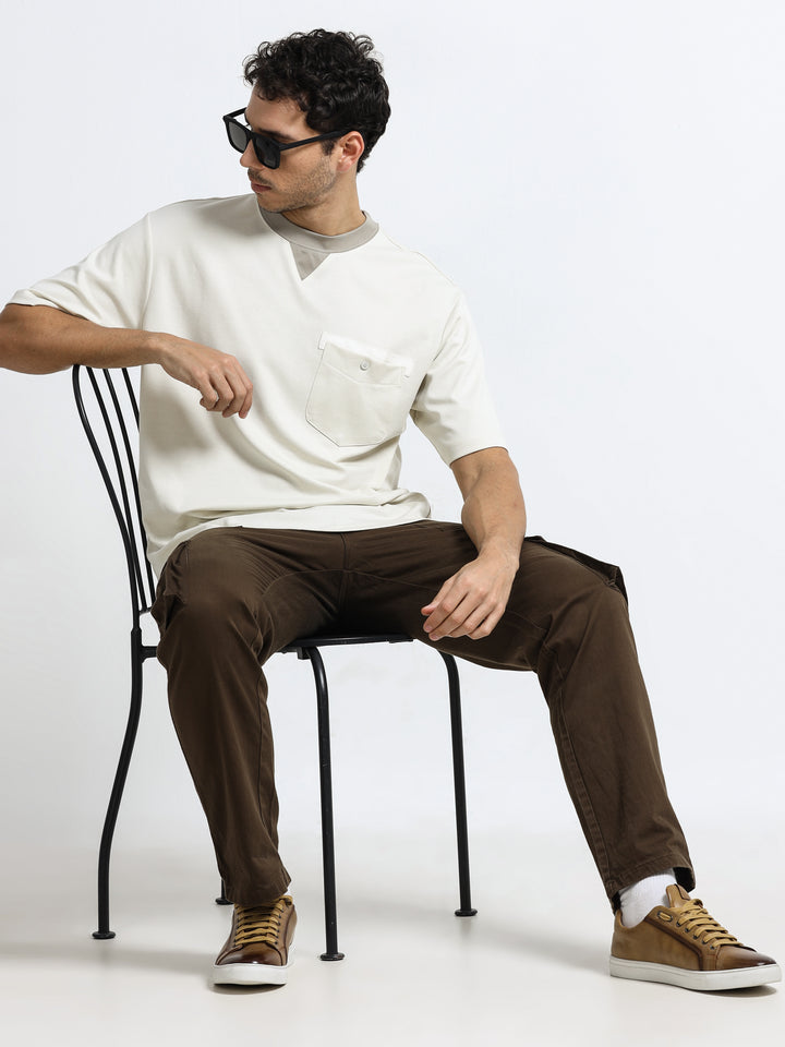 Contrast Neck Pocket Beige T-Shirt