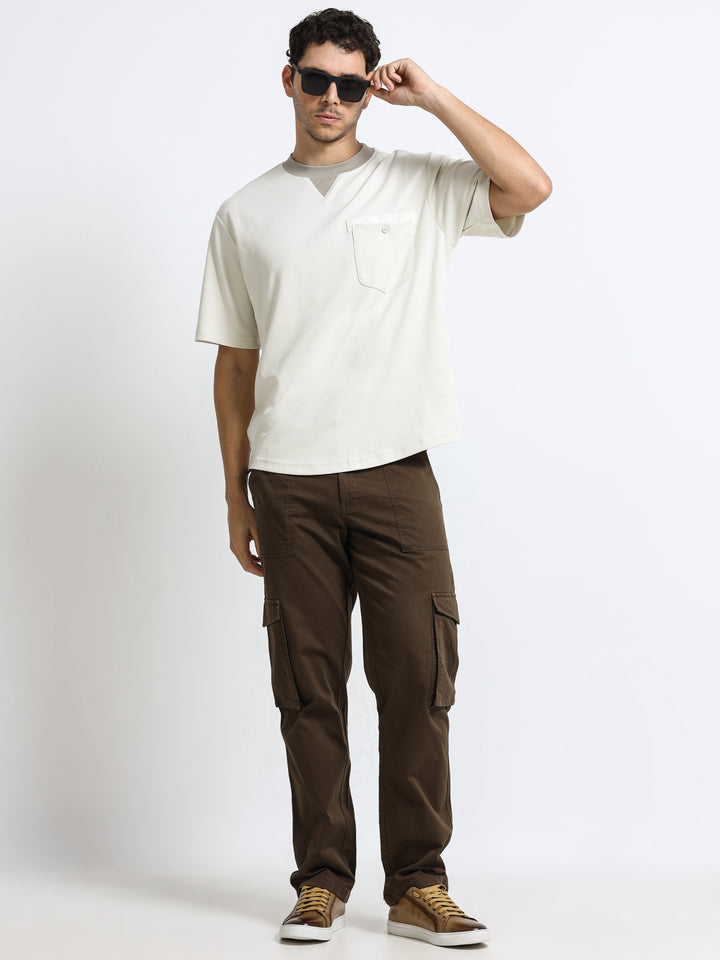 Contrast Neck Pocket Beige T-Shirt