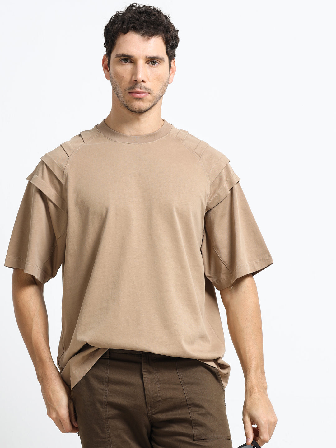 Layered Shoulder Khaki T-Shirt