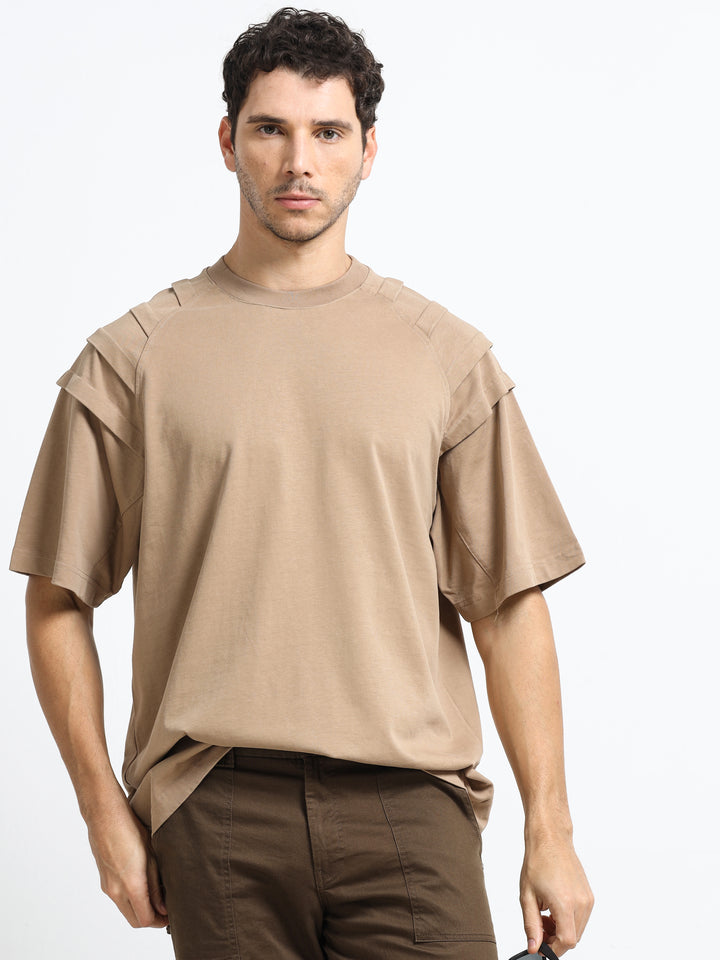 Layered Shoulder Khaki T-Shirt