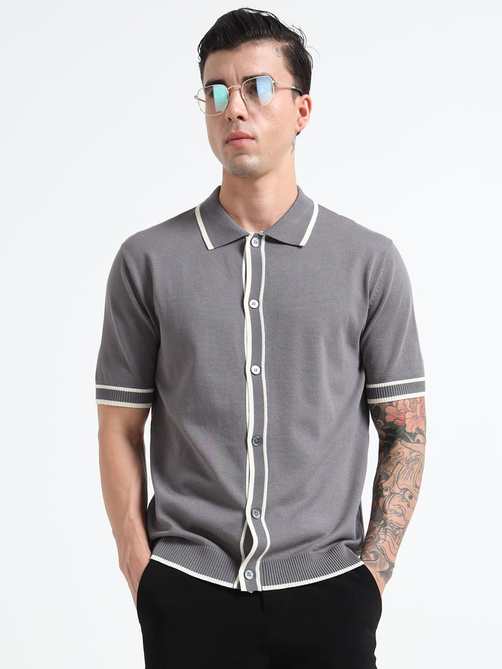 Men's Knitted Polo T Shirt - Gray