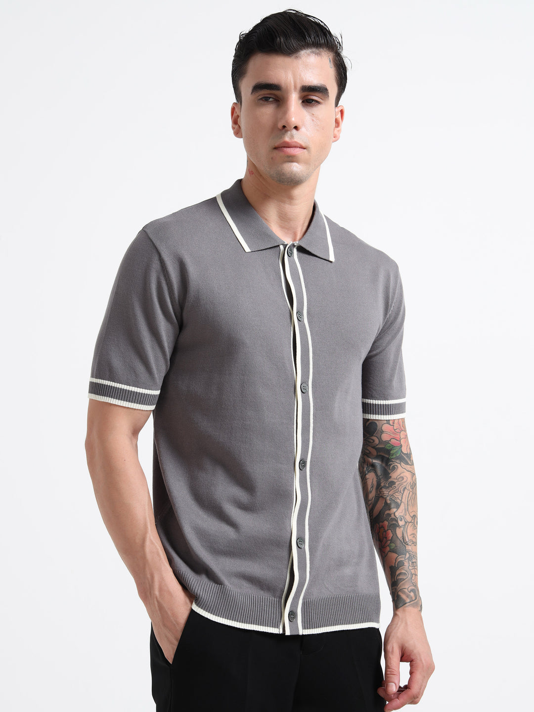 Men's Knitted Polo T Shirt - Gray