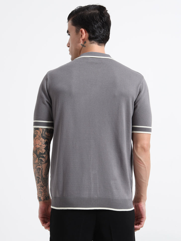 Men's Knitted Polo T Shirt - Gray