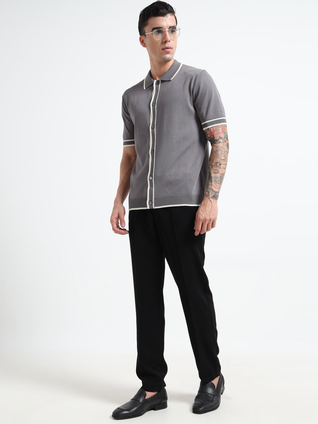 Men's Knitted Polo T Shirt - Gray