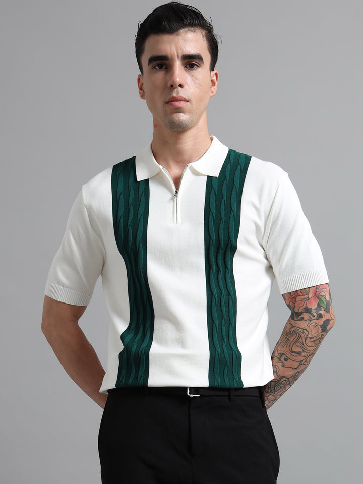 Men's Knitted Polo T Shirt - White & Green