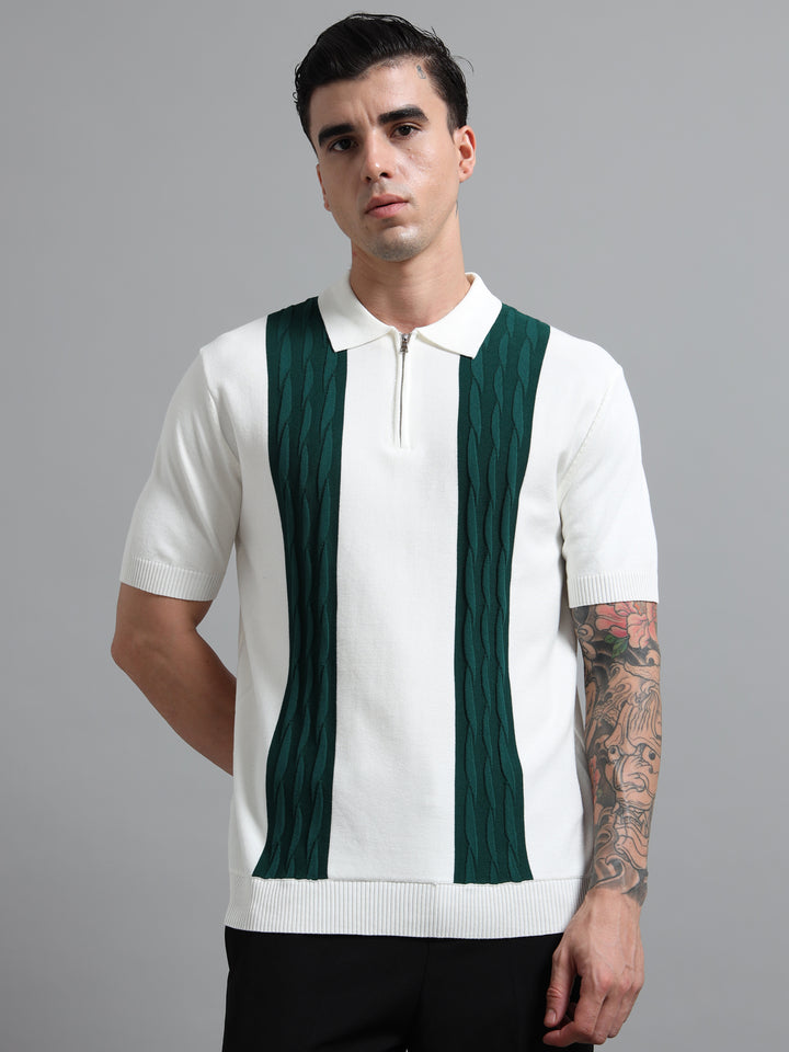 Men's Knitted Polo T Shirt - White & Green