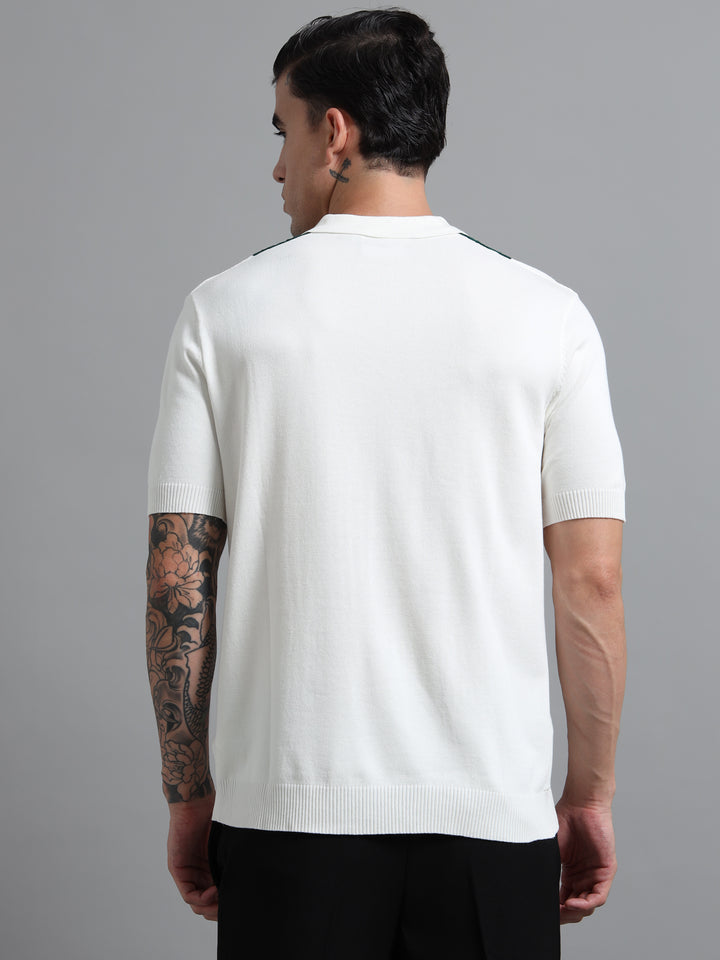 Men's Knitted Polo T Shirt - White & Green