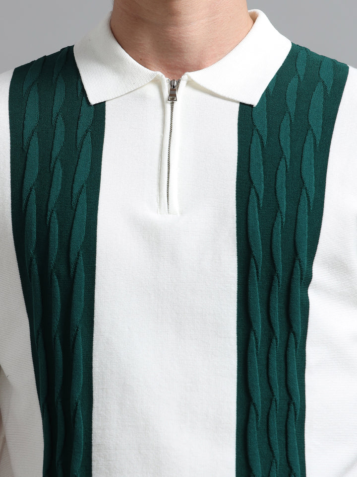 Men's Knitted Polo T Shirt - White & Green