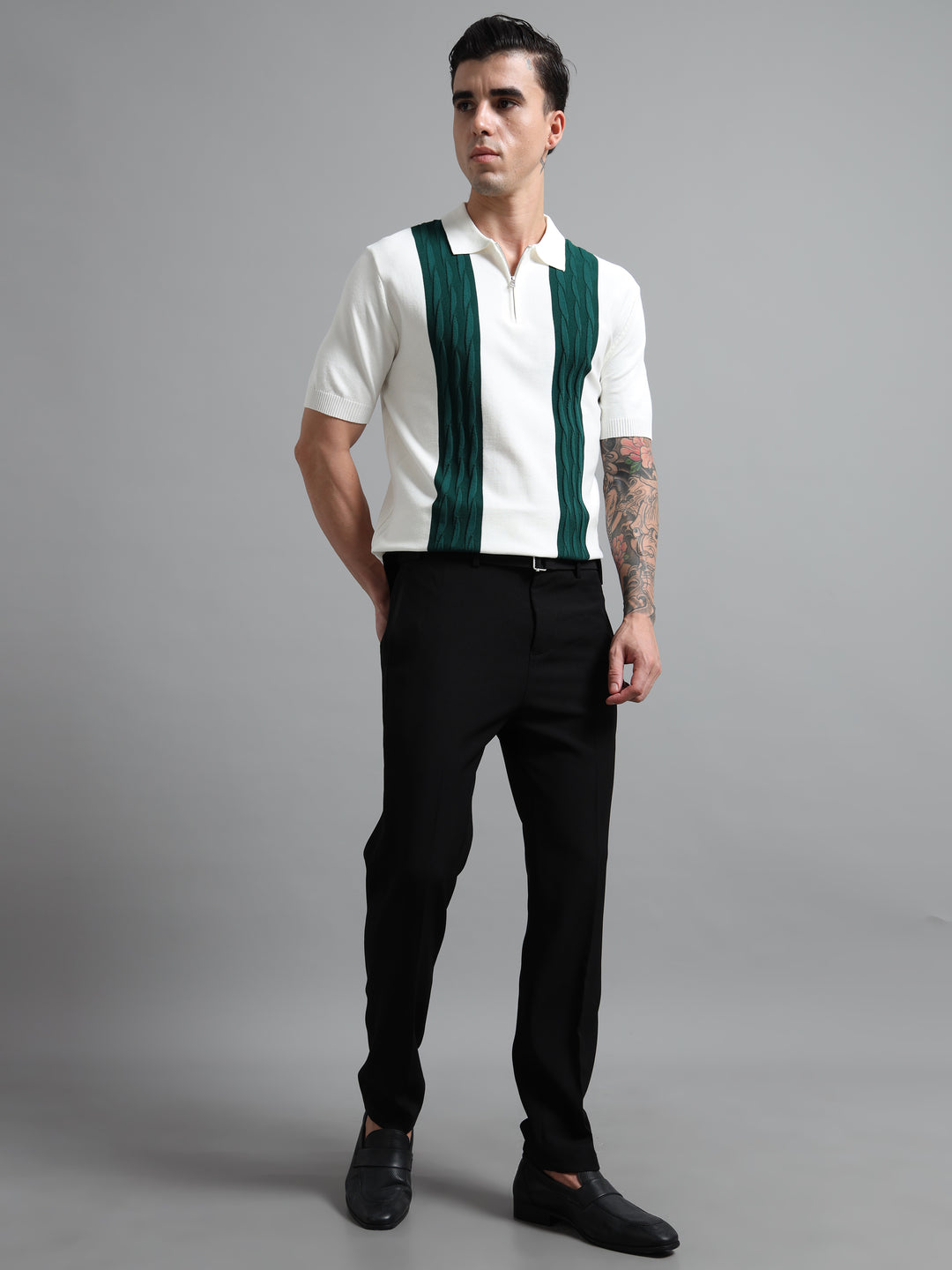 Men's Knitted Polo T Shirt - White & Green