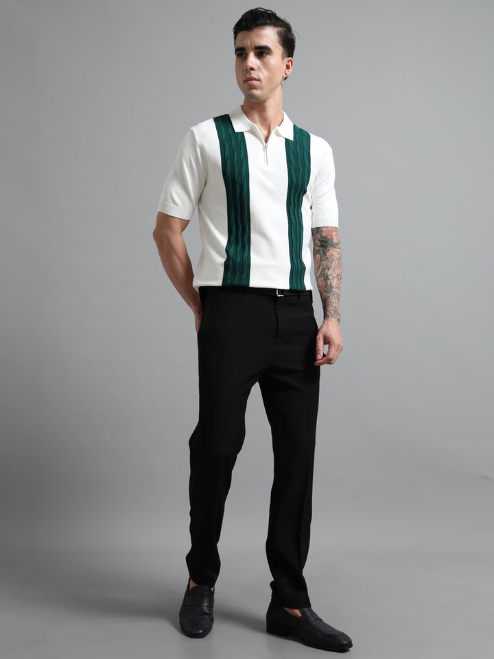 Men's Knitted Polo T Shirt - White & Green