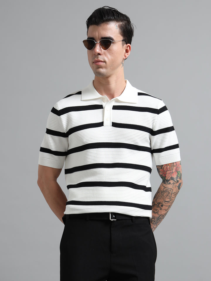 Men's Knitted Polo T Shirt - Black & White