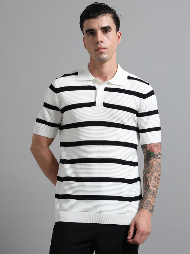 Men's Knitted Polo T Shirt - Black & White