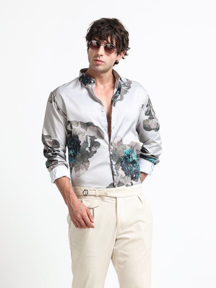 Nocturne Flora Shirt – Graphite Mist with Teal Ember
