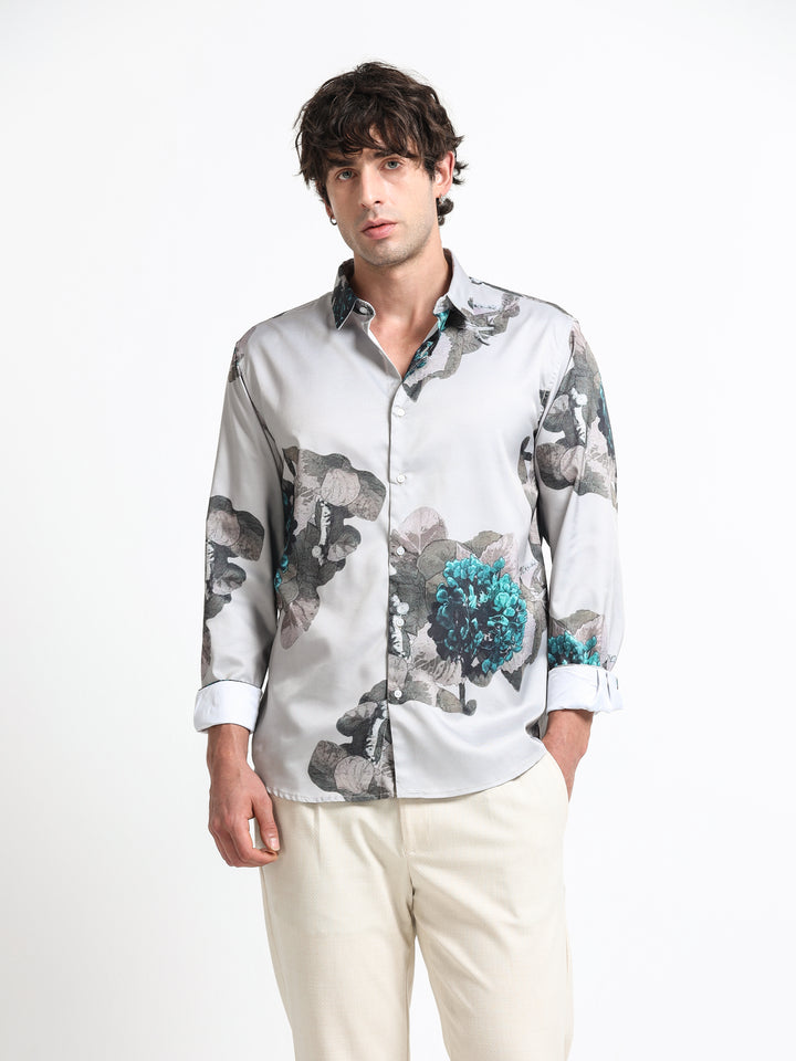 Nocturne Flora Shirt – Graphite Mist with Teal Ember