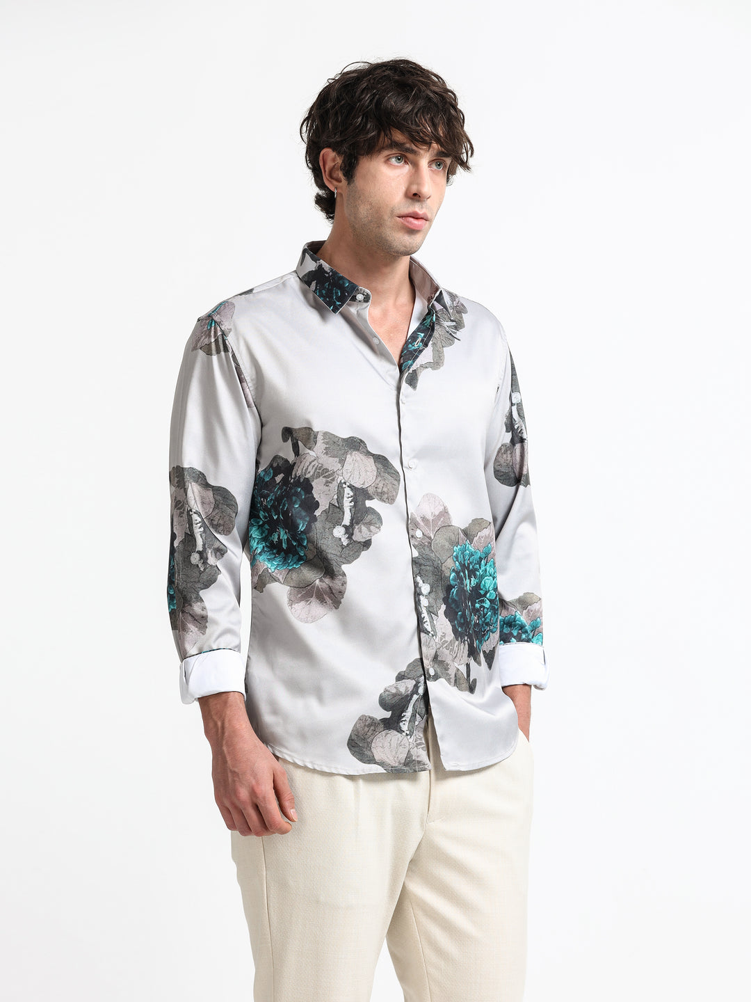 Nocturne Flora Shirt – Graphite Mist with Teal Ember