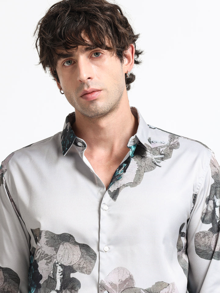 Nocturne Flora Shirt – Graphite Mist with Teal Ember