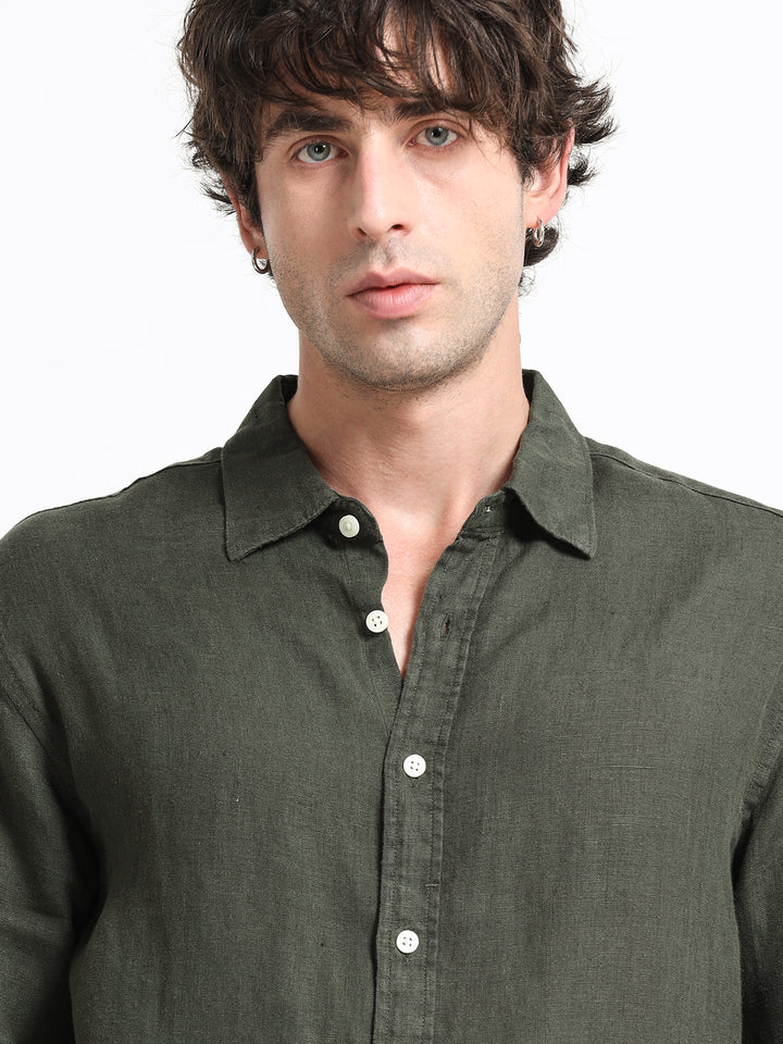 Verdant Atelier Linen Shirt – Forest Moss