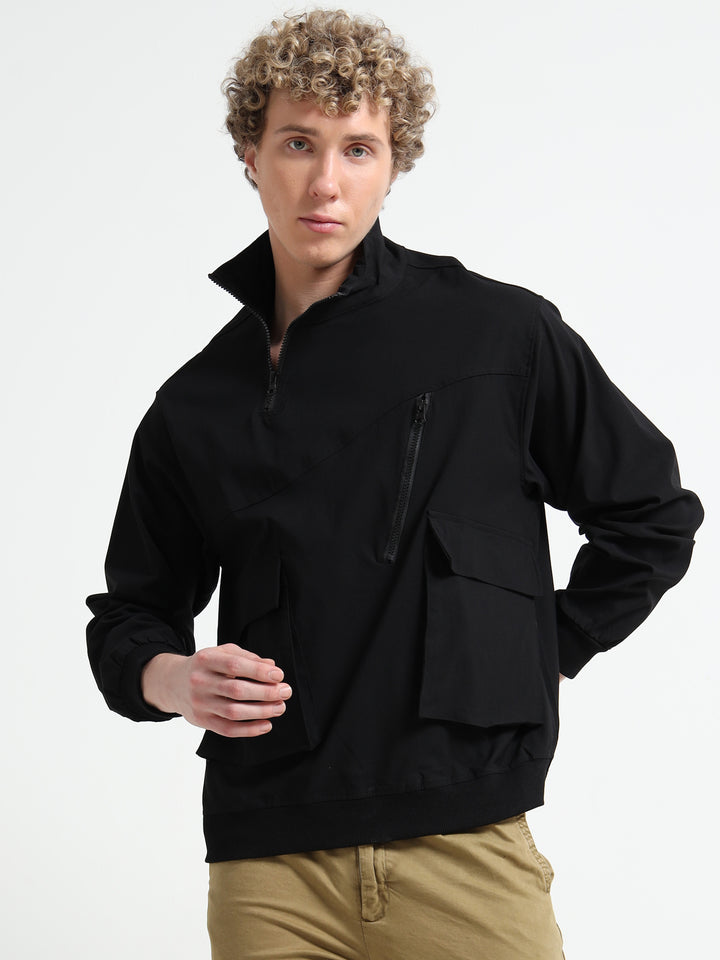 Utility Jacket with Zipper & Flap Pockets - Black