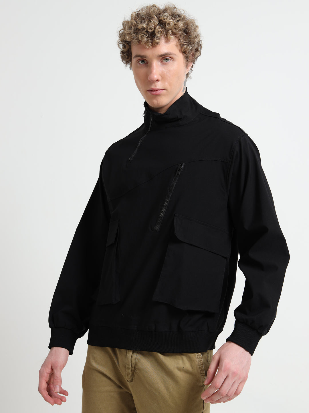 Utility Jacket with Zipper & Flap Pockets - Black