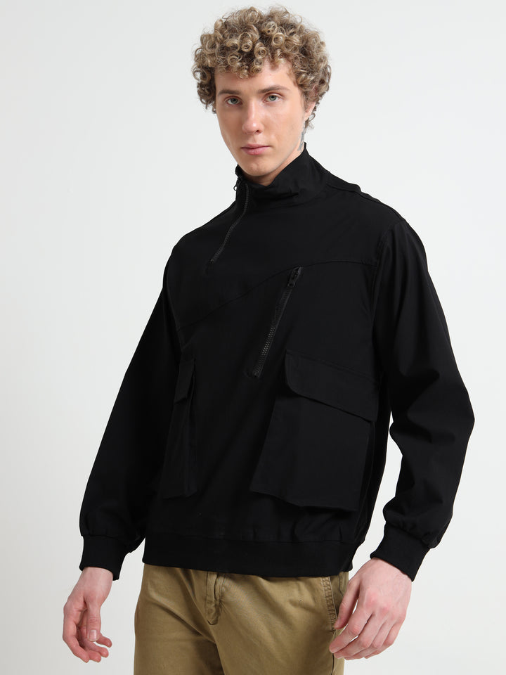 Utility Jacket with Zipper & Flap Pockets - Black