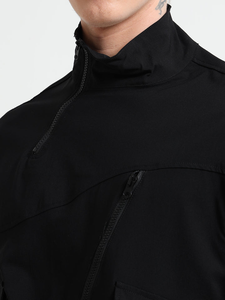 Utility Jacket with Zipper & Flap Pockets - Black