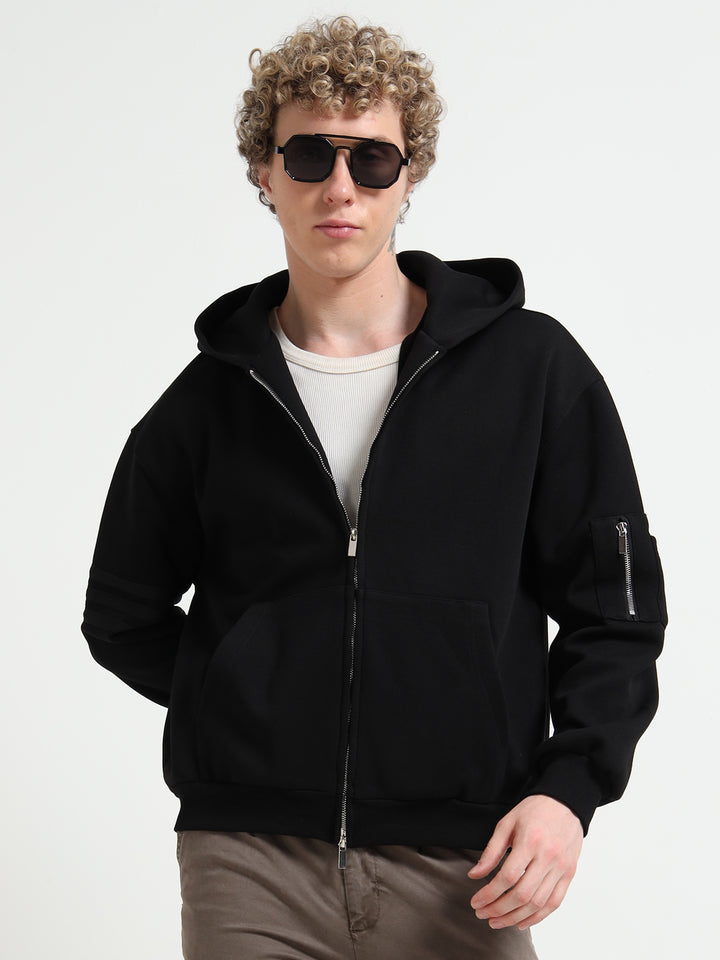Black Zip-Up Hoodie - Urban Bomber Style Jacket with Sleeve Pocket