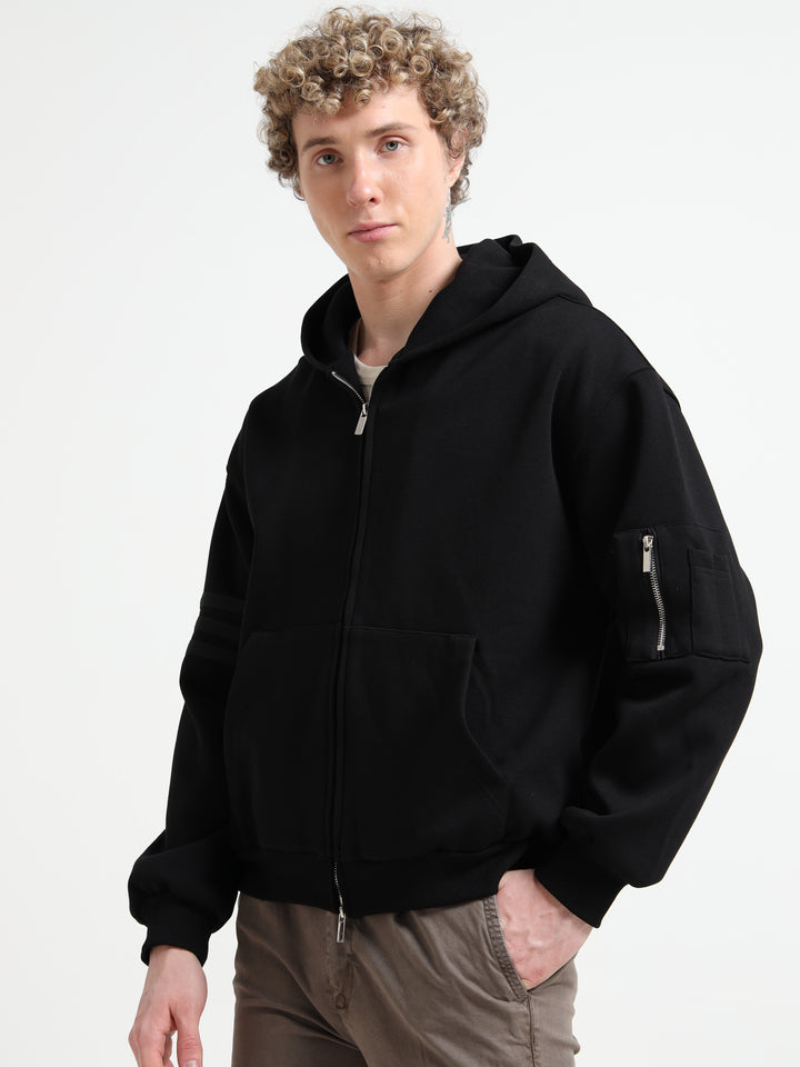 Black Zip-Up Hoodie - Urban Bomber Style Jacket with Sleeve Pocket