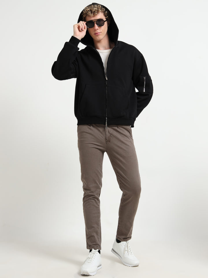 Black Zip-Up Hoodie - Urban Bomber Style Jacket with Sleeve Pocket