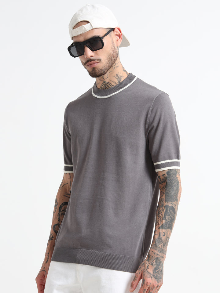 Fine-Knit T-Shirt with Contrast Stripe Trim - Gray