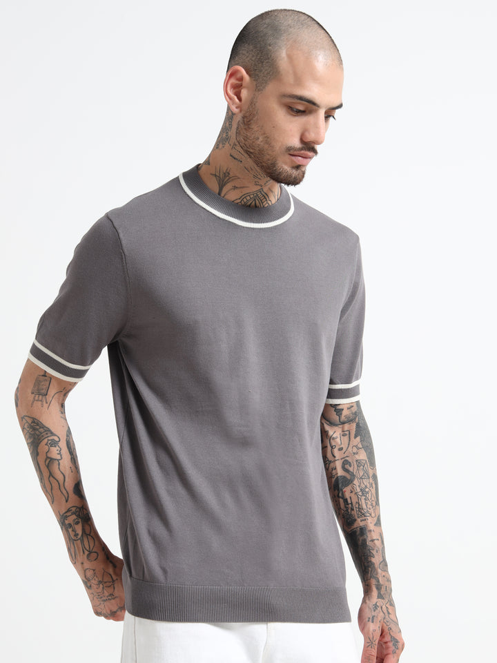 Fine-Knit T-Shirt with Contrast Stripe Trim - Gray