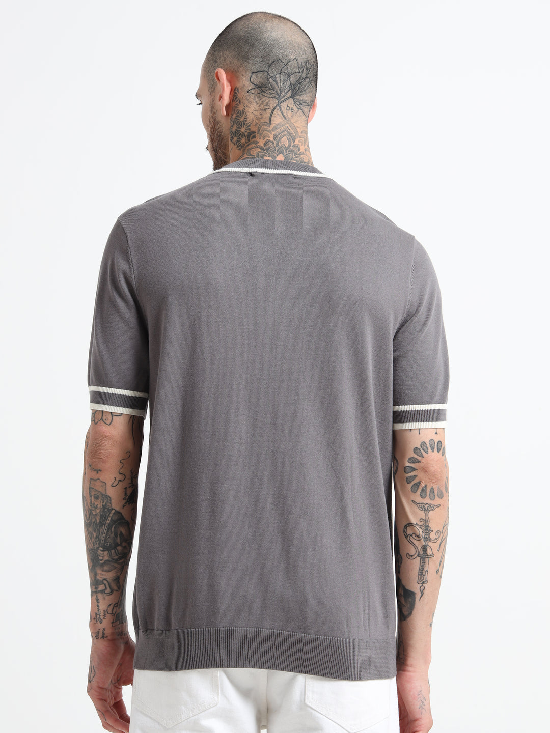 Fine-Knit T-Shirt with Contrast Stripe Trim - Gray