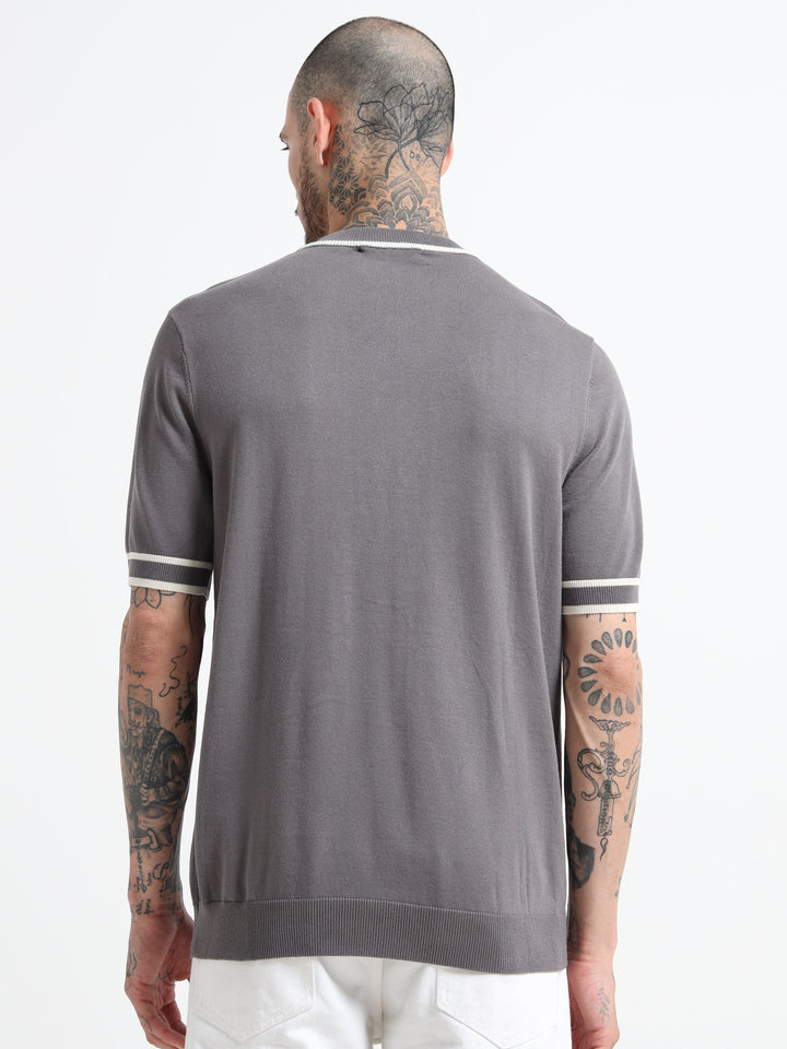 Fine-Knit T-Shirt with Contrast Stripe Trim - Gray